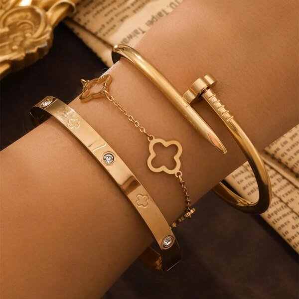 13502-ivdh5v.jpeg 3pcs Francia Lucky Shamrock Women 's pulsera set de acero inoxidable de alta calidad regalos de joyería