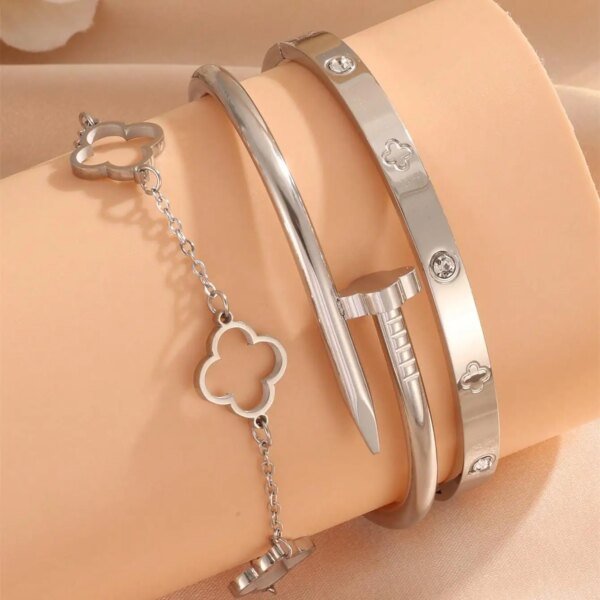 13502-sqorda.jpeg 3pcs Francia Lucky Shamrock Women 's pulsera set de acero inoxidable de alta calidad regalos de joyería